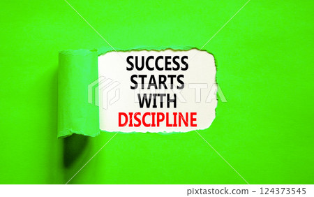 Success starts with discipline symbol. Concept words Success starts with discipline on beautiful white paper. Beautiful green background. Business success starts with discipline concept. Copy space Success starts with discipline symbol. Concept words Success starts with discipline on beautiful white paper. Beautiful green background. Business success starts with discipline concept. Copy space 124373545