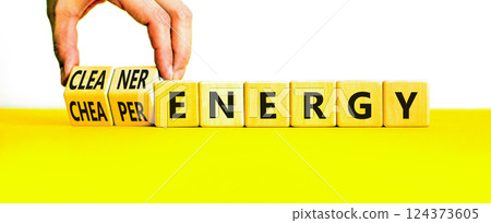 Cleaner or cheaper energy symbol. Concept words Cleaner energy Cheaper energy on beautiful wooden blocks. Beautiful white background. Business Cleaner or cheaper energy concept. Copy space. 124373605