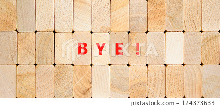 Bye symbol. Concept word Bye on beautiful wooden blocks. Beautiful wooden blocks background. Business and bye concept. Copy space. 124373633