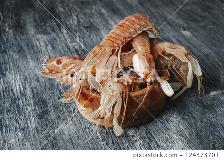 some squilla mantis on a gray table some squilla mantis on a gray table 124373701