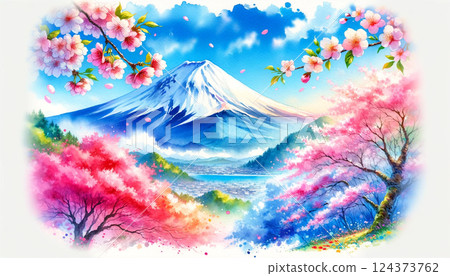 Watercolor painting of cherry blossoms, Mt. Fuji and blue sky 124373762