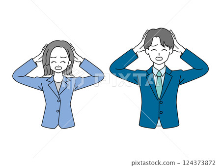 Illustration set of men and women in suits holding their heads (blue) Illustration set of men and women in suits holding their heads (blue) 124373872
