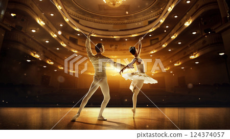 Ballet dancers captured mid-performance with synchronized elegance, stage glowing behind them, and highlight their elegance. 124374057