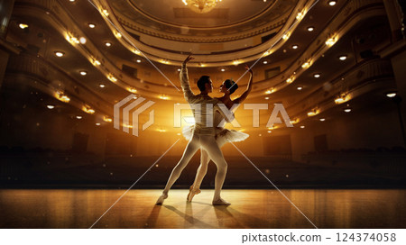 Romantic ballet duo in dramatic pose, golden spotlight illuminating delicate movement. Concept of classical dance. 124374058