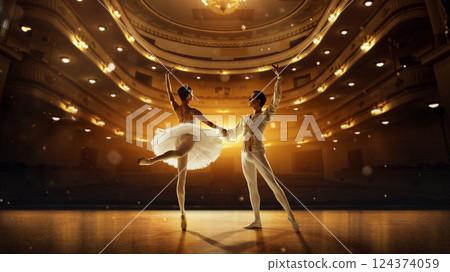 Elegant poised ballet couple, dressed elegant clothes, performing on stage with golden spotlight. Concept of classical dance 124374059