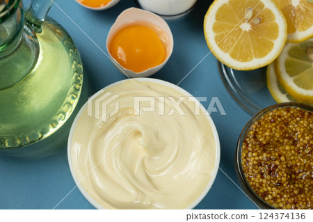 Freshly Made Mayonnaise with Ingredients Eggs and Oil Freshly Made Mayonnaise with Ingredients Eggs and Oil 124374136