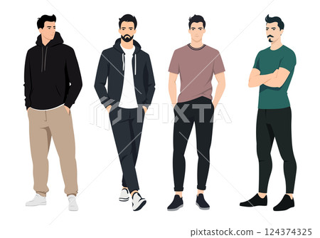 Urban Mens Fashion Set. A group of men dressed in stylish urban outfits, featuring casual and semi-formal clothing such as jackets, hoodies, and fitted pants. 124374325