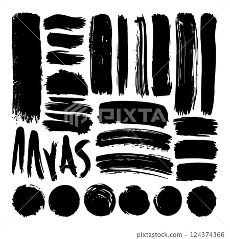 A diverse set of hand-painted brush strokes with bold, textured ink. These organic and free-flowing marks are perfect for abstract designs and modern graphic projects. 124374366