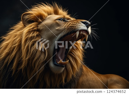 Lion roars fiercely against dark background. 124374652