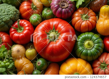 Fresh vegetables and fruits, top view. Fresh vegetables and fruits, top view. 124374657