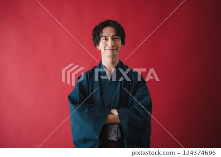 Confidence and smiles – a portrait of a beautiful woman in traditional Japanese clothing 124374696