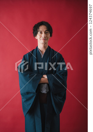 Confidence and smiles – a portrait of a beautiful woman in traditional Japanese clothing 124374697