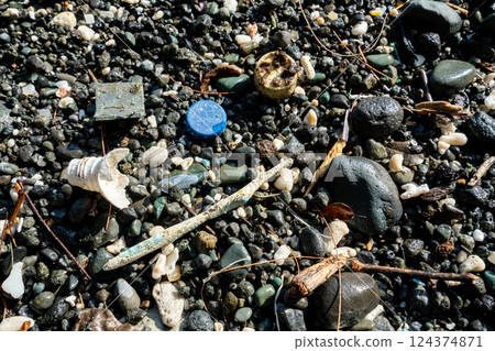 Plastic waste washed up on the shore in Ogasawara, Tokyo Plastic waste washed up on the shore in Ogasawara, Tokyo 124374871