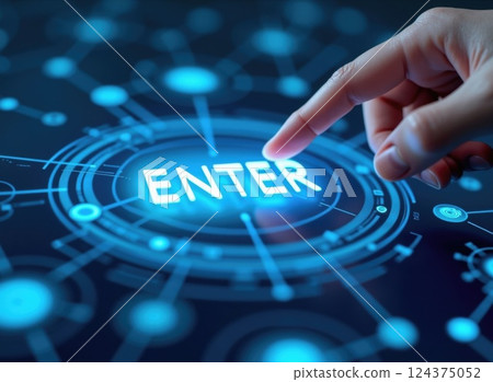 Human nahd pressing high tech type of modern button enter on a virtual background. Artificial intelligence AI symbol	 124375052