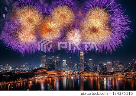 Summer festival fireworks and city night view 124375110