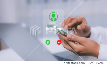 Human receives a phone call from an unknown number, Concept of scammers or strangers, Fraud and contact to sell mobile internet promotions, Spam, Fake identity, Scammer, Scam with mobile phone. 124375286