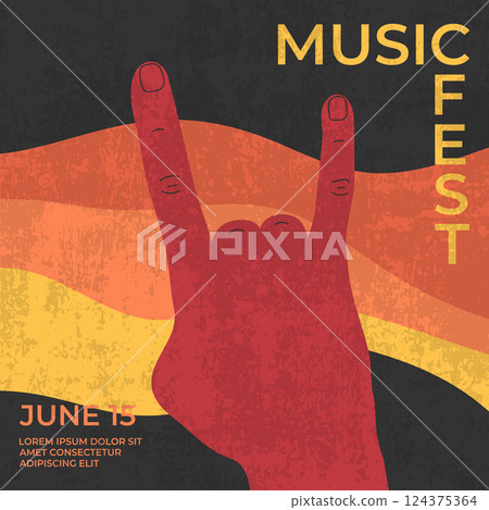 Retro rock music festival poster design. Human hand rock horns gesture. Minimalist rock festival template. Vector illustration 124375364
