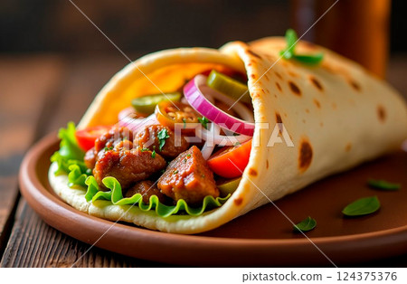 Delicious shawarma filled with juicy meat, fresh lettuce, tomatoes, red onions and pickles on plate. Perfectly cooked, showcasing vibrant colors and rich texture Delicious shawarma filled with juicy meat, fresh lettuce, tomatoes, red onions and pickles on plate. Perfectly cooked, showcasing vibrant colors and rich texture 124375376