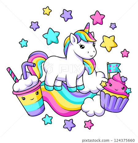 Print with unicorn. Happy birthday party design. 124375660