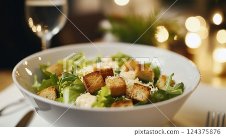 Classic Caesar Salad with Croutons and Parmesan 124375876