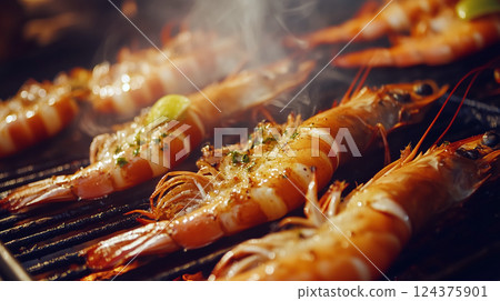 Grilled Shrimp with Herbs and Lime on Barbecue Grill 124375901