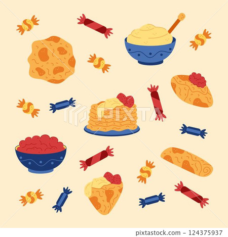 Pancakes and candies. Hand drawn illustration for your projects. 124375937