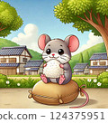 Hungry mouse sitting on rice bag eating rice balls 124375951