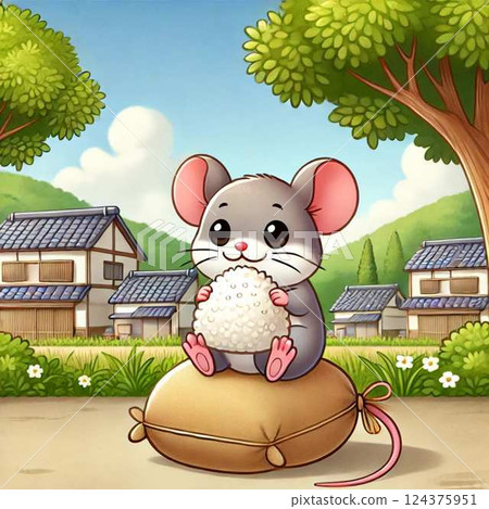 Hungry mouse sitting on rice bag eating rice balls 124375951