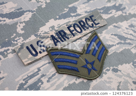 US AIR FORCE branch tape and Senior Airman rank patch on digital tiger-stripe pattern Airman Battle Uniform 124376123