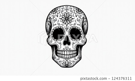 A minimalist black and white Mexican sugar skull with intricate floral line art, ideal for tattoo designs or modern illustrations.	 A minimalist black and white Mexican sugar skull with intricate floral line art, ideal for tattoo designs or modern illustrations.	 124376311