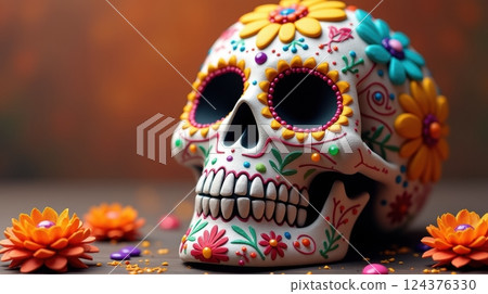 skull, marigold, doll 124376330