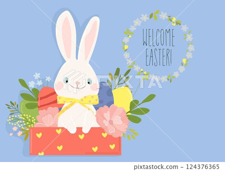 Happy Easter Greeting Card with Cute White Bunny and Easter Eggs Happy Easter Greeting Card with Cute White Bunny and Easter Eggs 124376365