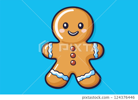 A cheerful cartoon gingerbread man with icing details, smiling on a vibrant blue background, perfect for festive themes. 124376446
