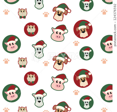 Pattern background with different pets and winter clothes Vector 124376592