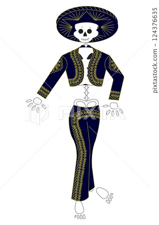 Skeleton in a Mexican musician costume. Vector illustration isolated on white background. Skeleton in a Mexican musician costume. Vector illustration isolated on white background. 124376635