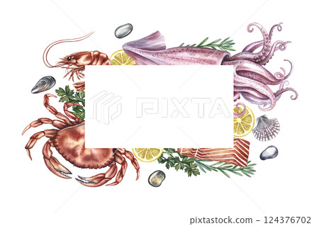 A frame with an image of seafood, shrimp, crabs and squid with lemon and herbs. Handmade watercolor illustration. A color template. For menus, recipes, packages, labels and invitations. A frame with an image of seafood, shrimp, crabs and squid with lemon and herbs. Handmade watercolor illustration. A color template. For menus, recipes, packages, labels and invitations. 124376702