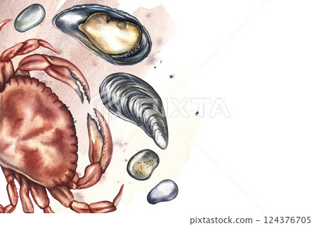 A frame with an image of a crab and mussels. A hand-drawn watercolor illustration. A colorful seafood pattern with a watercolor spot. For menus, recipes, packages, labels and invitation flyers. 124376705