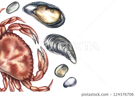 A frame with an image of a crab and mussels. A hand-drawn watercolor illustration. A color template with an image of seafood. For menus, recipes, packages, labels and invitation flyers. 124376706