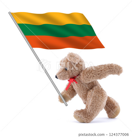 Lithuania flag being carried by a cute teddy bear Lithuania flag being carried by a cute teddy bear 124377006