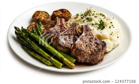 Delicious grilled lamb chops served with creamy mashed potatoes and fresh asparagus. A perfect gourmet meal to indulge in any day. Generative AI 124377188