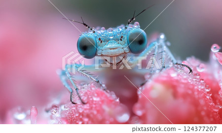 A vibrant blue insect with oversized eyes smiles amidst dew-kissed flora. This captivating macro shot reveals the beauty of nature. Generative AI 124377207