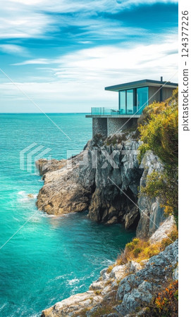 A breathtaking ocean view from a modern coastal home perched on the cliffs. Embrace the serenity of nature merging with contemporary architecture. Generative AI 124377226