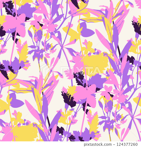 Seamless pattern with dry herbs and leaves in bold vivid colors. Wild field and forest plants wallpaper. Boho botanical texture Seamless pattern with dry herbs and leaves in bold vivid colors. Wild field and forest plants wallpaper. Boho botanical texture 124377260