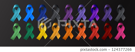 Glossy awareness ribbons in multiple colors on dark background. Symbol of medical support, social unity, charity, cause prevention. Design element for health campaigns. Vector illustration Glossy awareness ribbons in multiple colors on dark background. Symbol of medical support, social unity, charity, cause prevention. Design element for health campaigns. Vector illustration 124377266
