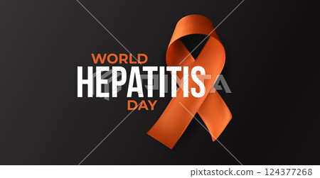 Orange ribbon and World Hepatitis Day message on black background. Urgent visual for liver disease awareness, vaccination, medical support. Glossy 3D vector illustration. Orange ribbon and World Hepatitis Day message on black background. Urgent visual for liver disease awareness, vaccination, medical support. Glossy 3D vector illustration. 124377268