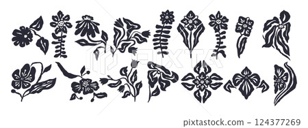 Set of black abstract inky flowers and leaves isolated on white Set of black abstract inky flowers and leaves isolated on white 124377269
