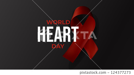 Red awareness ribbon with World Heart Day message on dark background. Cardiovascular health symbol, care, life-saving awareness. Realistic glossy 3D vector illustration 124377273