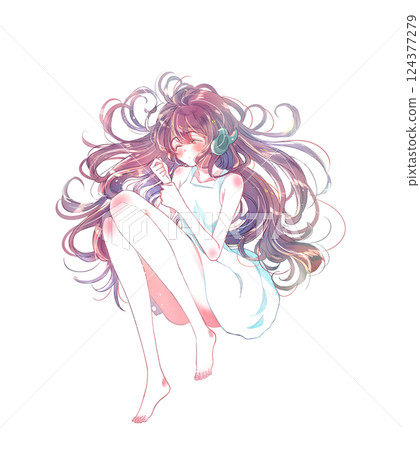 Girl lying down with headphones on, eyes closed 124377279