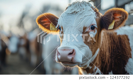 Cow standing in pen on farm during foot-and-mouth disease outbreak. created with Generative AI technology. 124377292