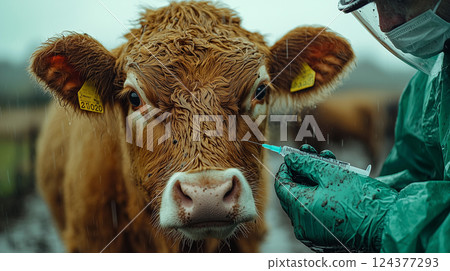 Veterinarian in protective suit vaccinating cow with foot-and-mouth disease. Created with Generative AI technology. 124377293